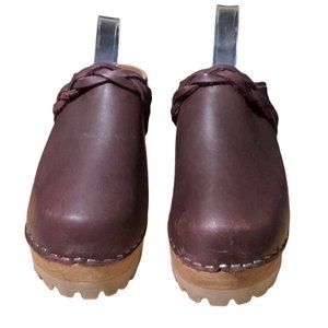 MIA Sofia Sweden Brown Leather CHUNKY Heel Wood Clogs Size 36 (5.5)